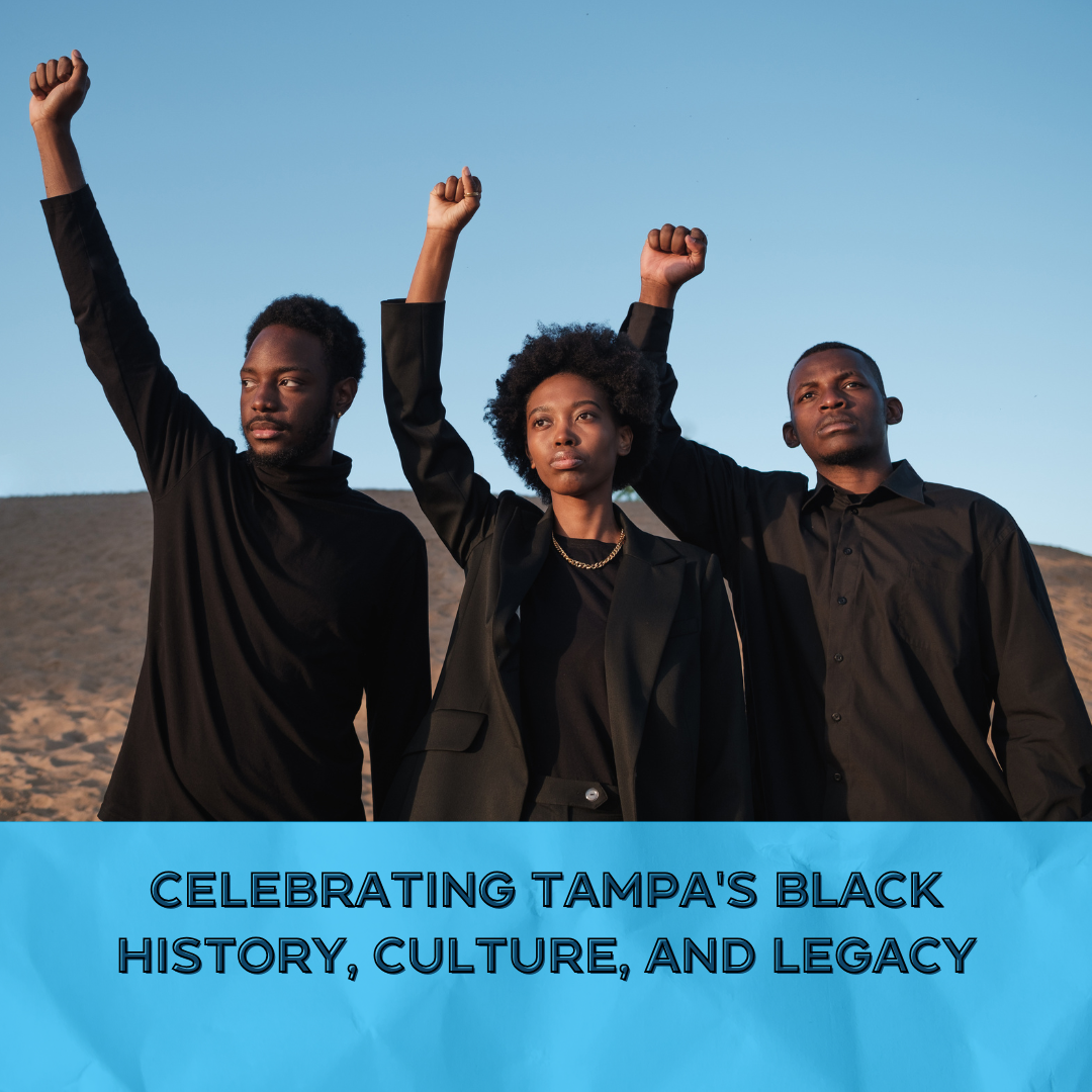 Three Black people raising fists, celebrating Tampa's Black history, culture, and legacy.
