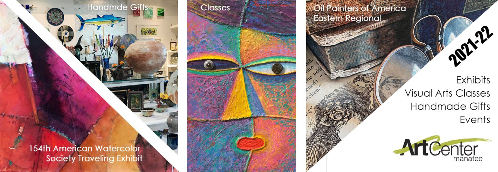 Three panels: abstract art and images of a store, a face, and pottery, with text