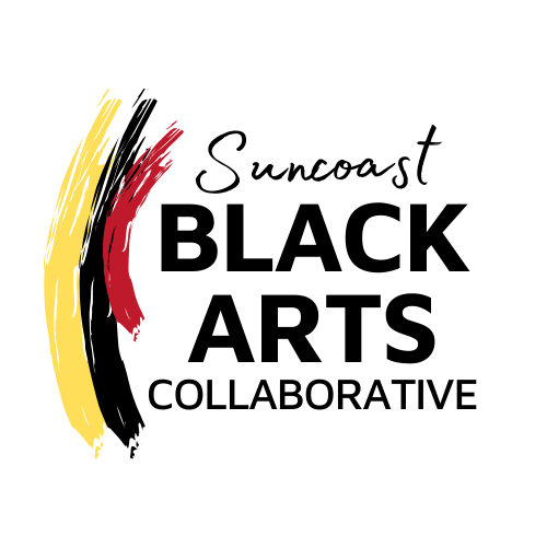 Logo: Suncoast Black Arts Collaborative text, black, red, and yellow brushstrokes.