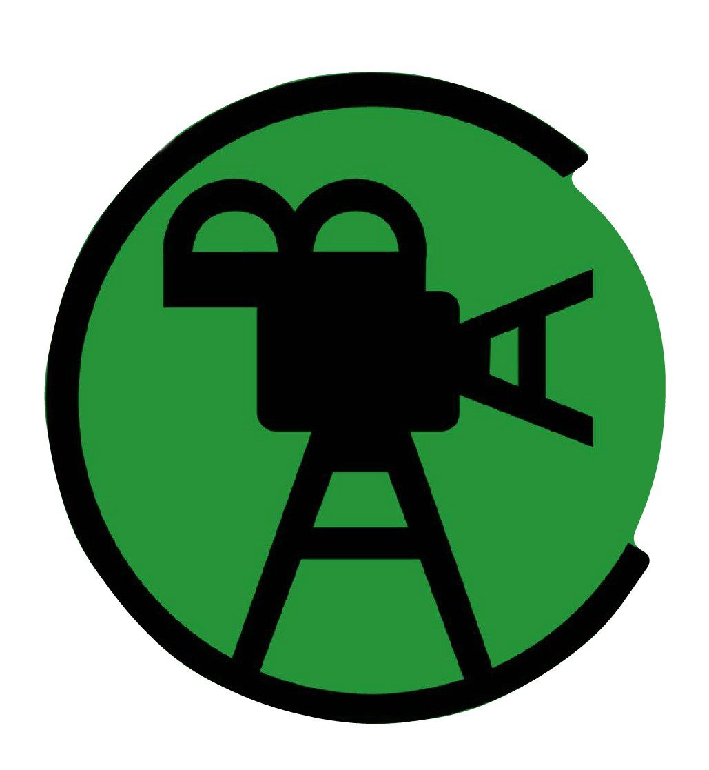 Black film camera silhouette on a green circle, outlined in black.