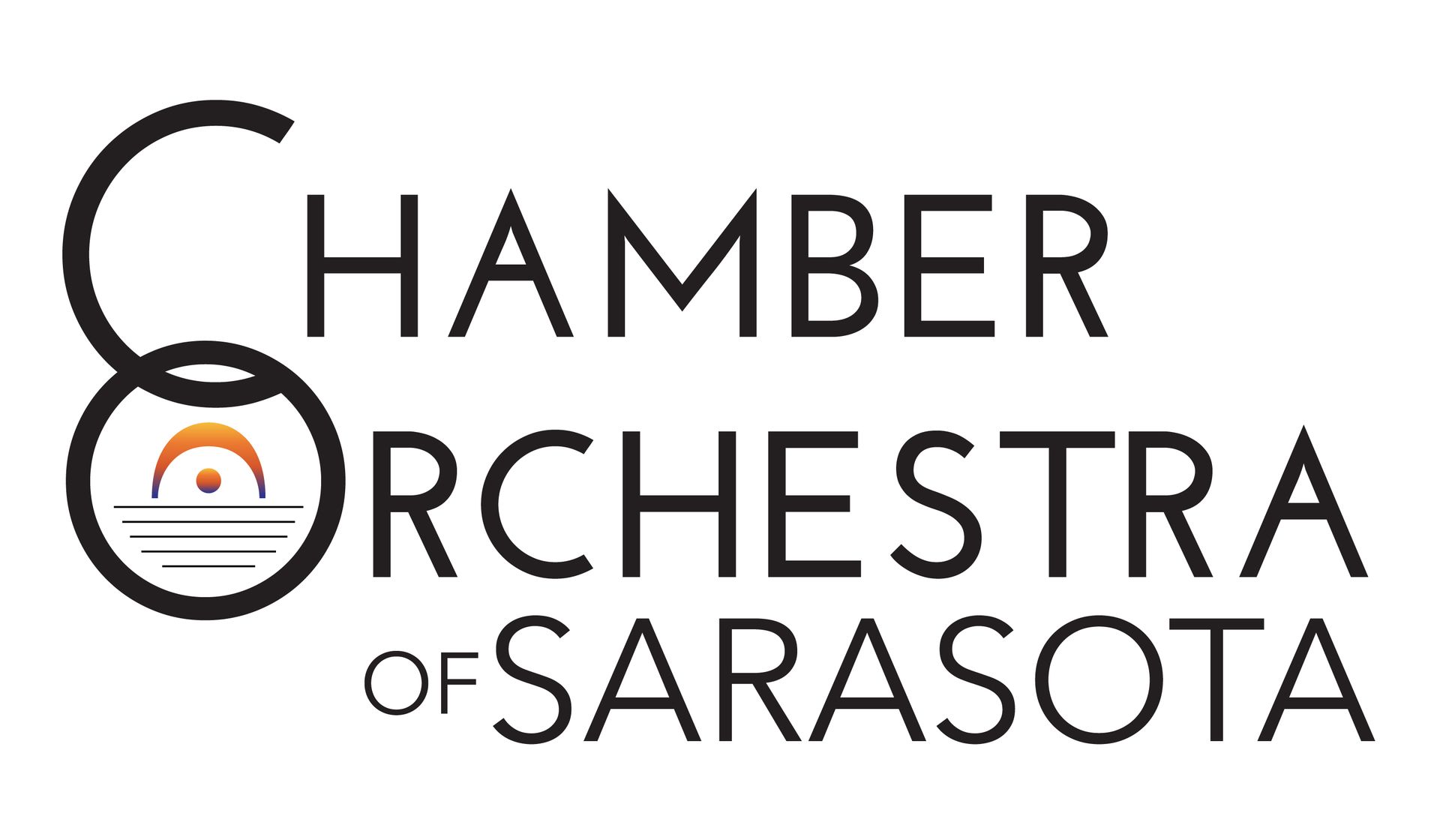 Chamber Orchestra of Sarasota logo with stylized sun graphic in black circle and text.