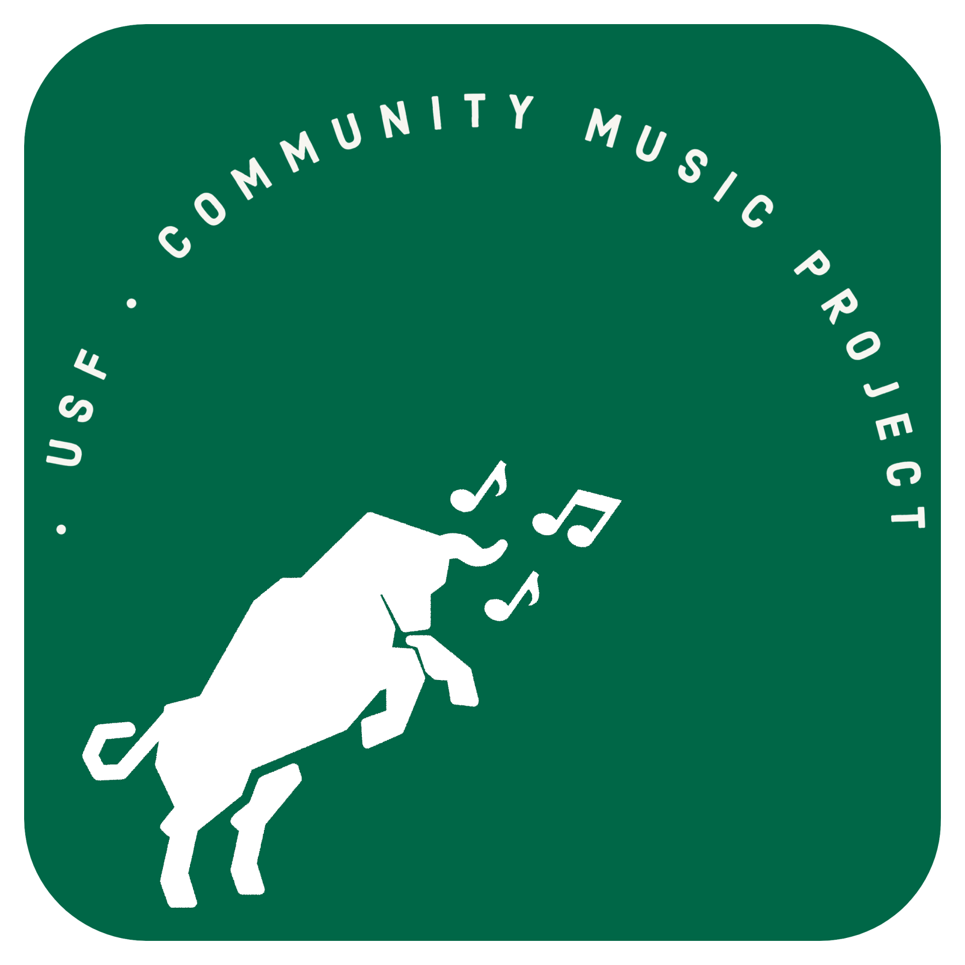 White USF bull logo with musical notes on a green background; text says