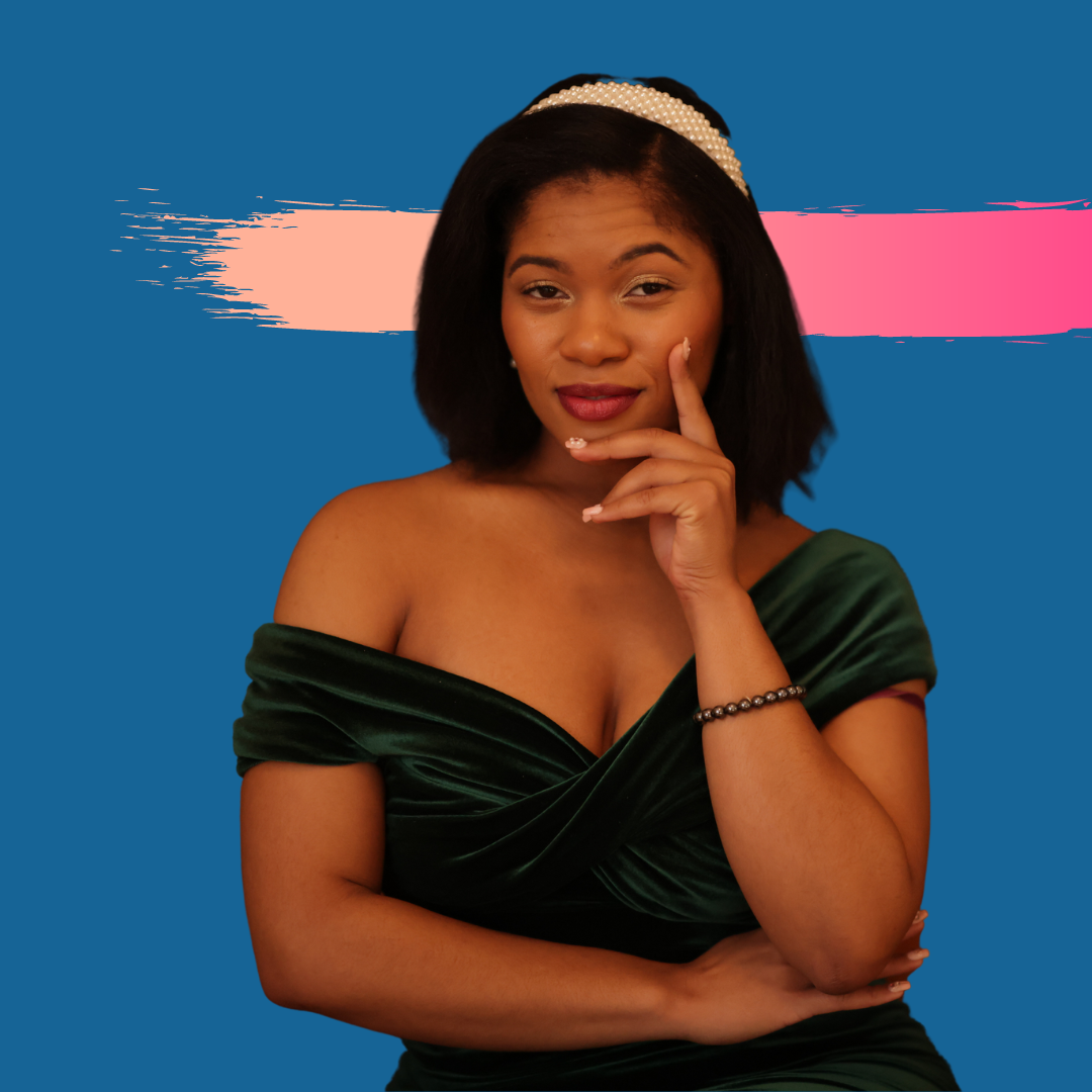 Woman in green dress, pearl headband, hand on chin, looking thoughtful, blue background with brushstrokes.