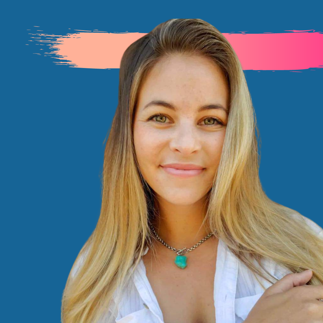 Woman with long blonde hair, smiling, wearing a white shirt and silver necklace, against a blue background with colorful strokes.