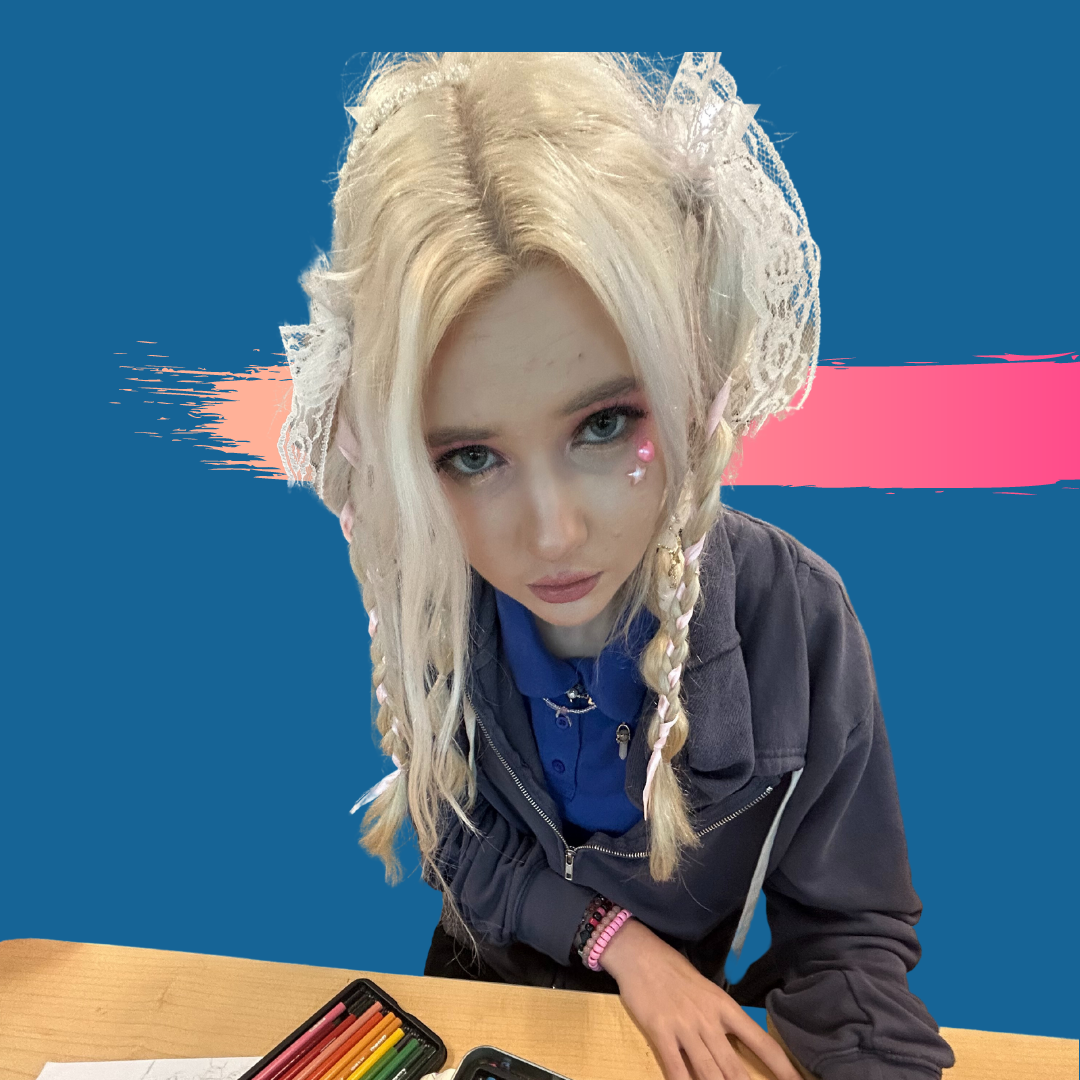 Blonde girl with braids and pink eye makeup, seated, on a blue background with pink brushstroke.