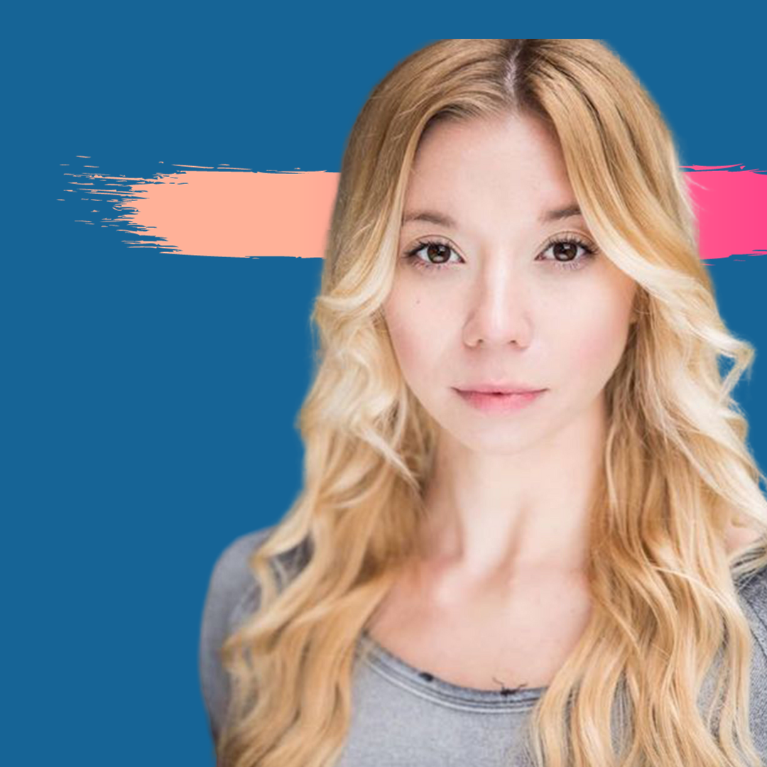 Blonde woman with neutral expression, against a blue backdrop with pink and orange brushstrokes.