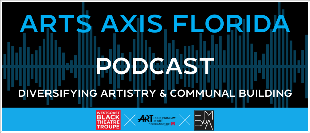 Arts Axis Florida podcast logo with blue text and soundwave graphic.