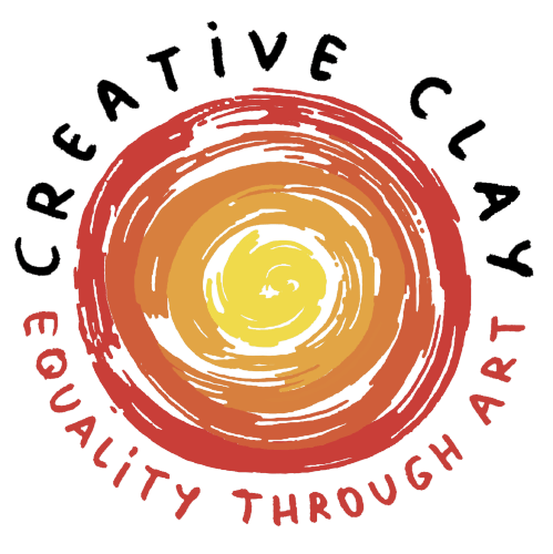 Creative Clay logo: A colorful, layered circle in shades of orange and yellow. Text around reads,