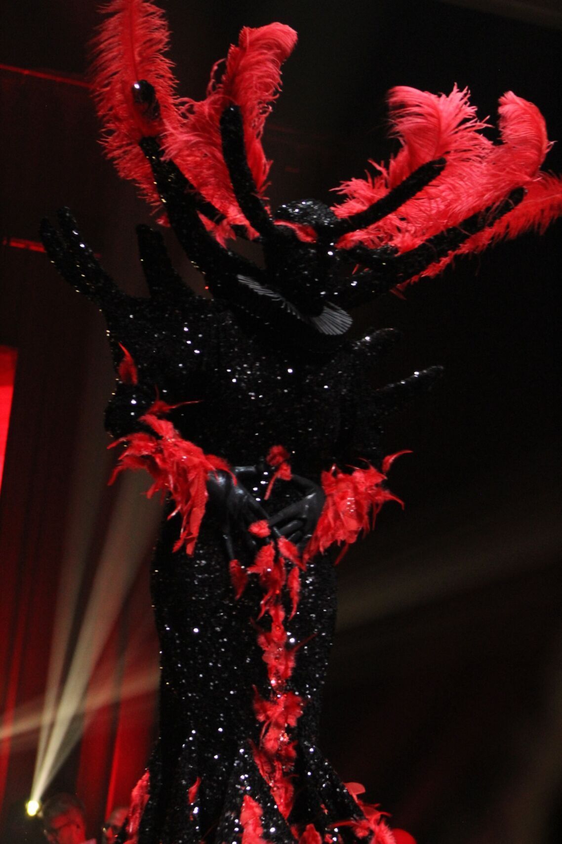 Masked figure in a black, sparkling costume with red feather accents. Stage setting.