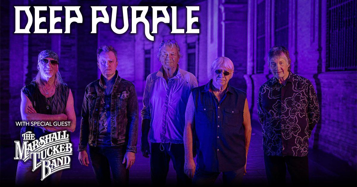 Deep Purple band in purple light with Marshall Tucker Band logo.
