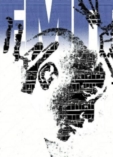 Abstract image of a person's face with a circuit board design over the face and blue