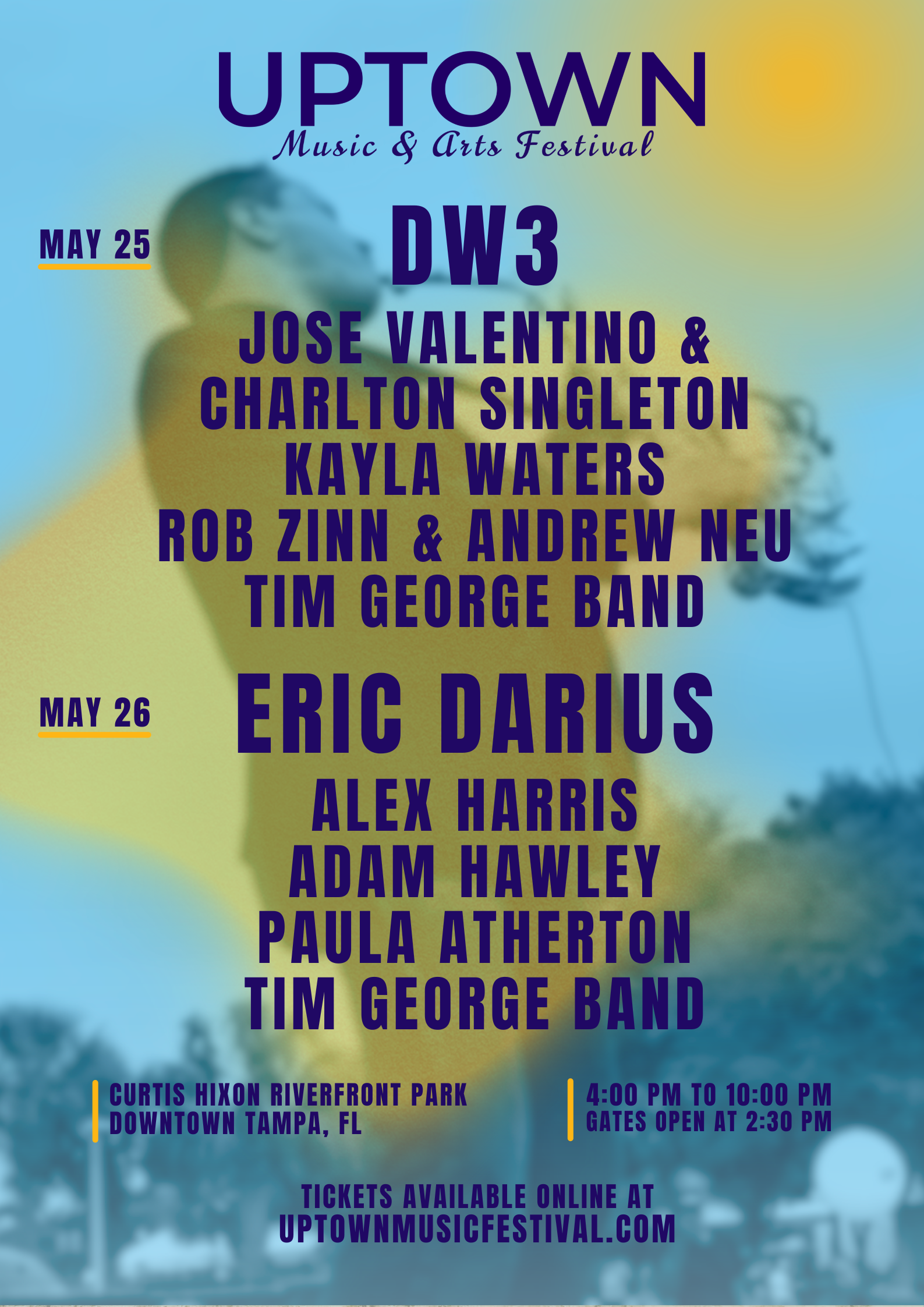 Uptown Music & Arts Festival poster: DW3, Eric Darius, other artists listed. May 20 at Curtis Hixon Park, Tampa, FL.