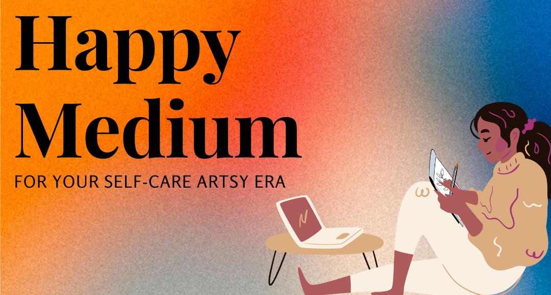 Happy Medium: Woman seated with laptop and tablet; gradient orange to blue background.
