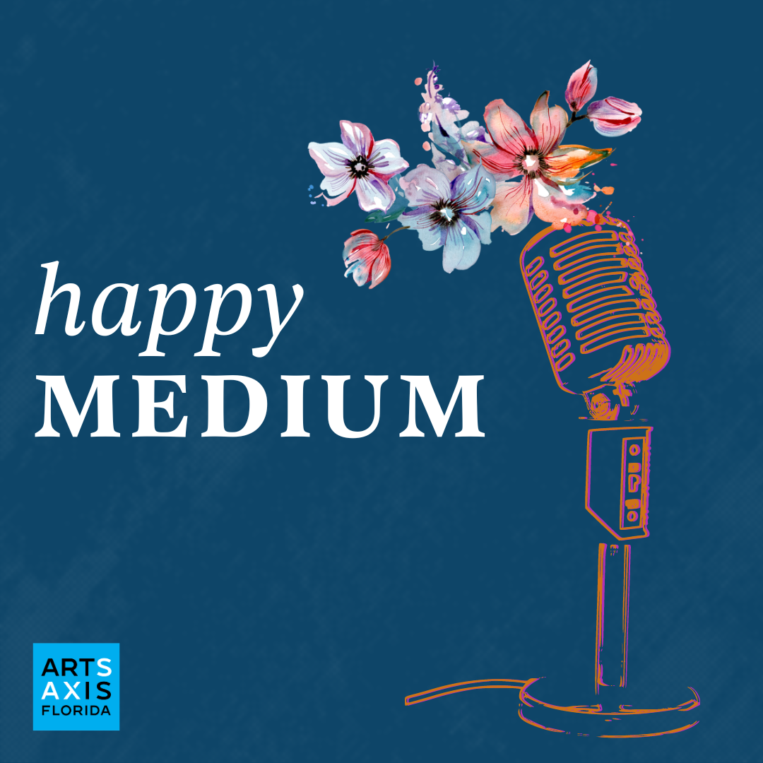 Podcast cover: A vintage microphone with flowers blooming out of it on a blue background.