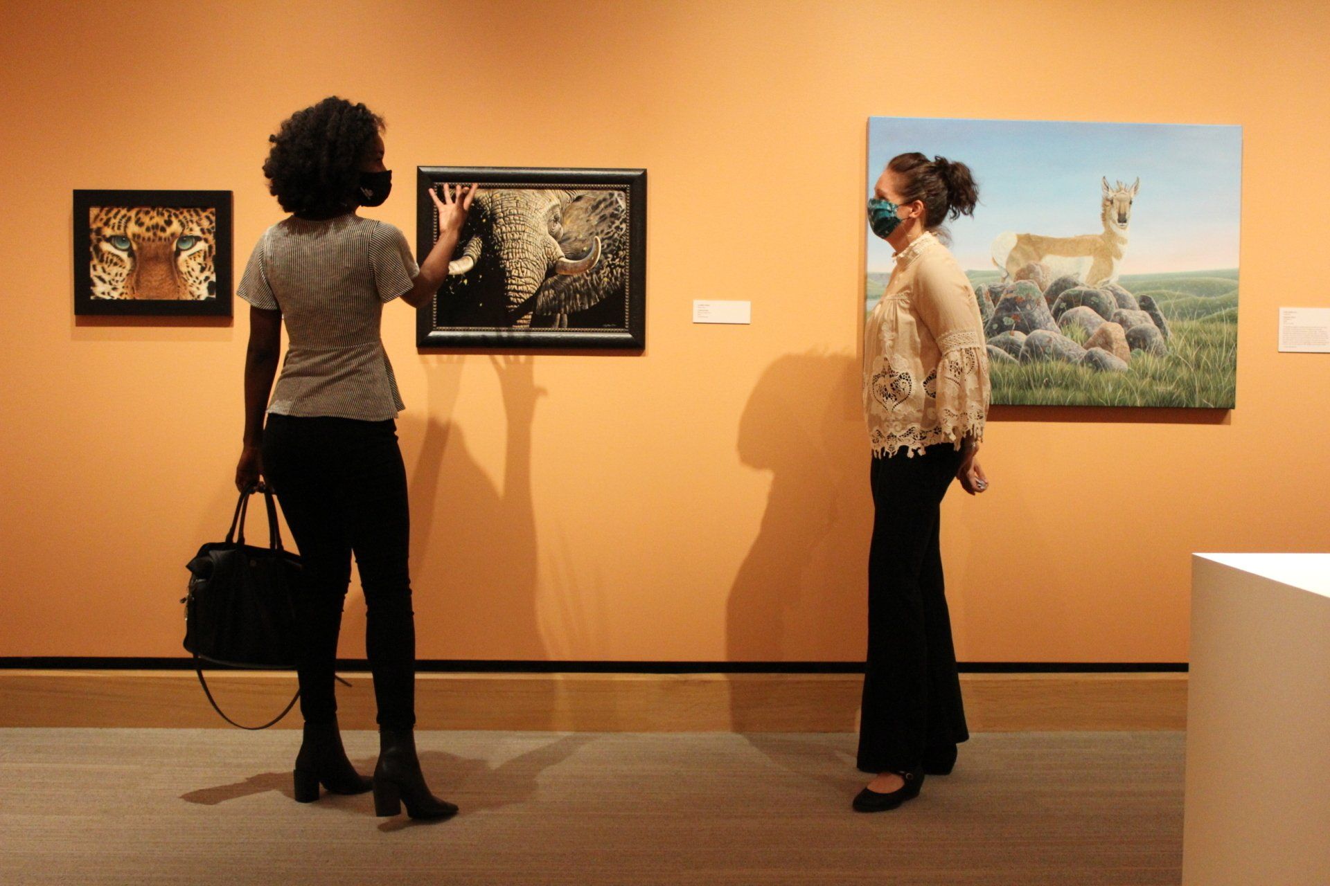 Two people in a gallery, looking at art on an orange wall. One touches a framed black and white photo.