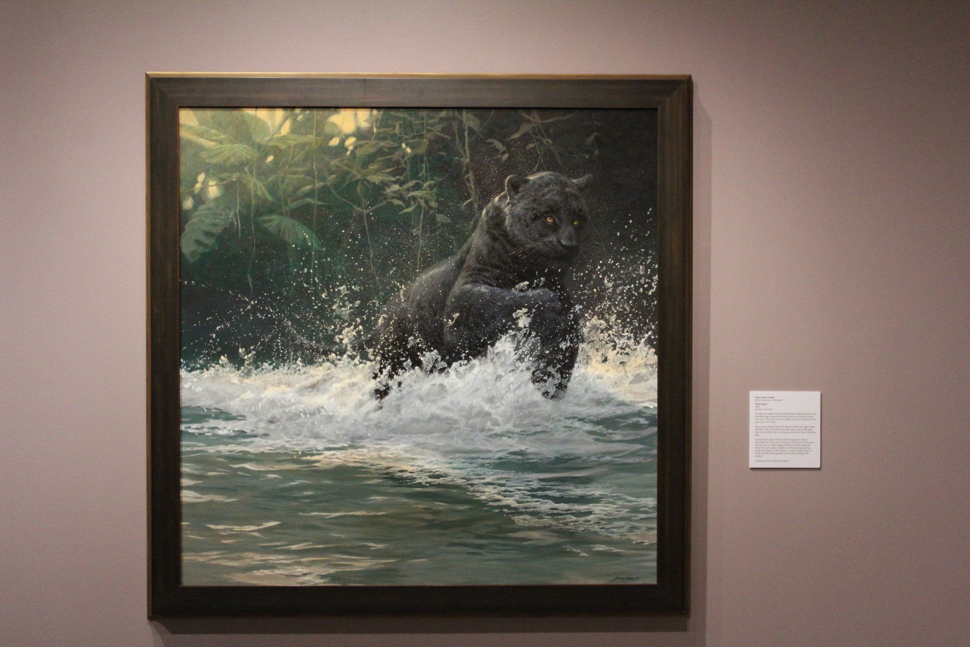 Bear splashing through water, framed painting in a museum. Green foliage, black bear, water spray.