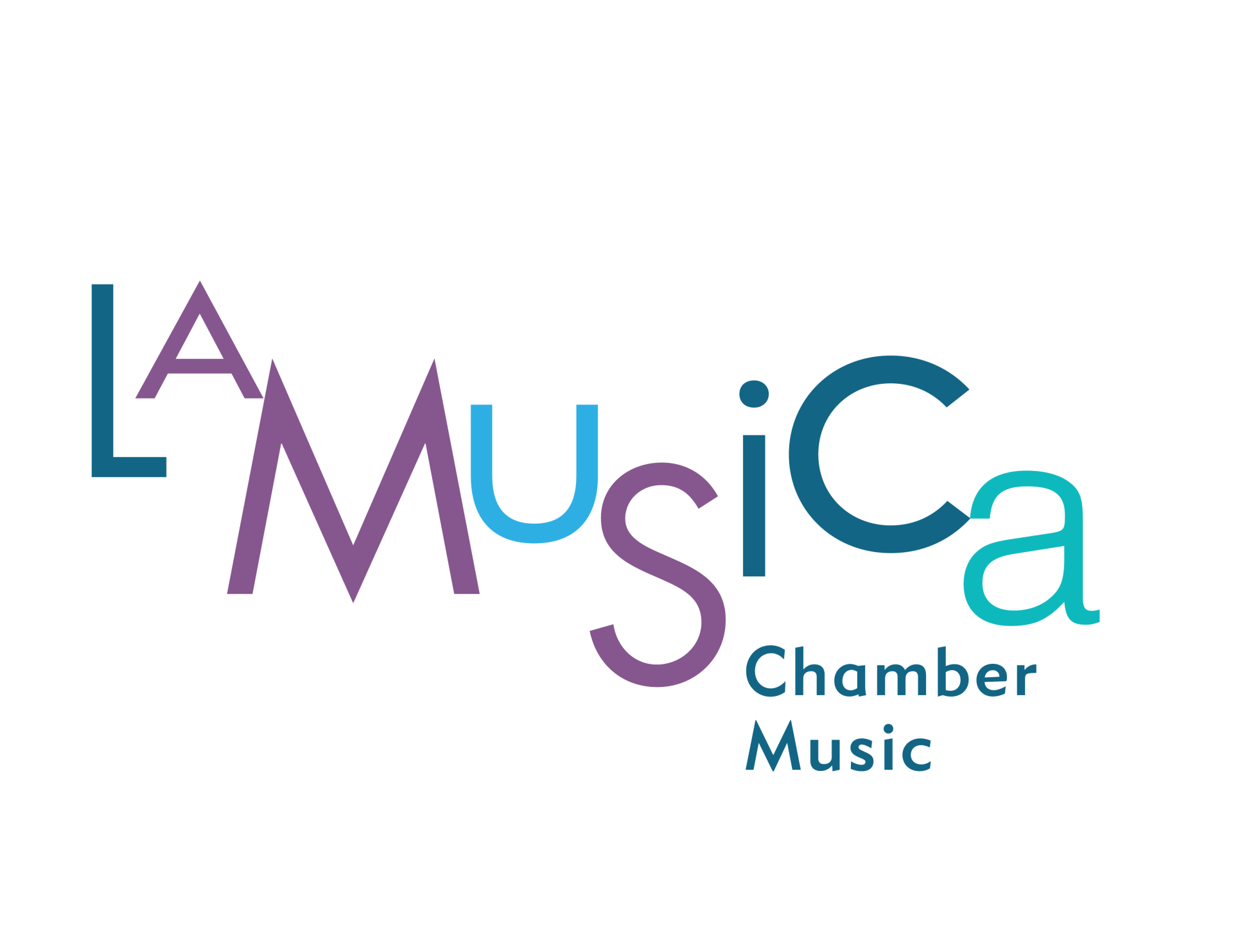 Logo for LA Musica Chamber Music, with text in varying colors.
