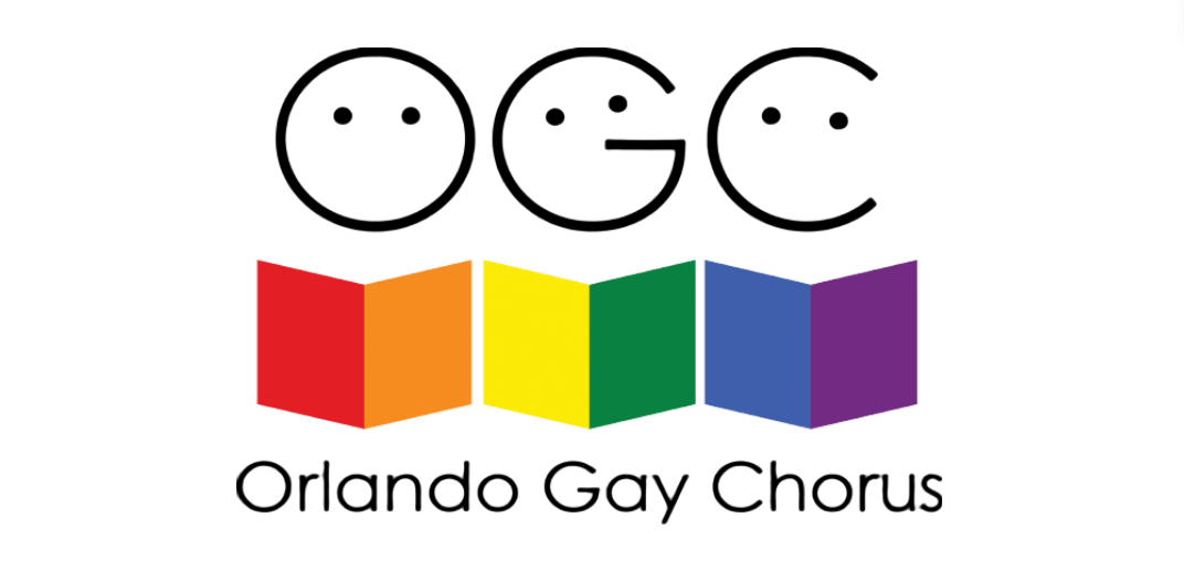 Logo of Orlando Gay Chorus with rainbow-colored book cubes and smiling letter faces.