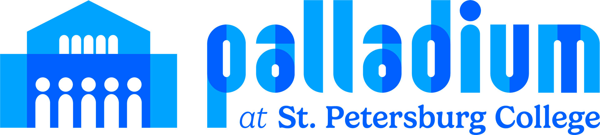 Logo for the Palladium at St. Petersburg College, a blue building and text on a white background.