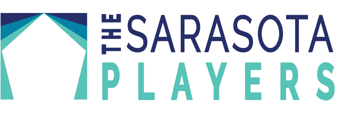 Logo for The Sarasota Players. Features a geometric theater shape and text in teal and navy.