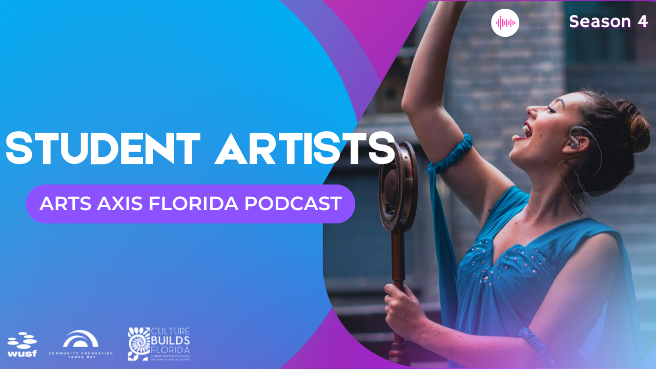 Podcast cover: A woman in blue holds an instrument, arms raised, on a blue and purple gradient background. Text reads