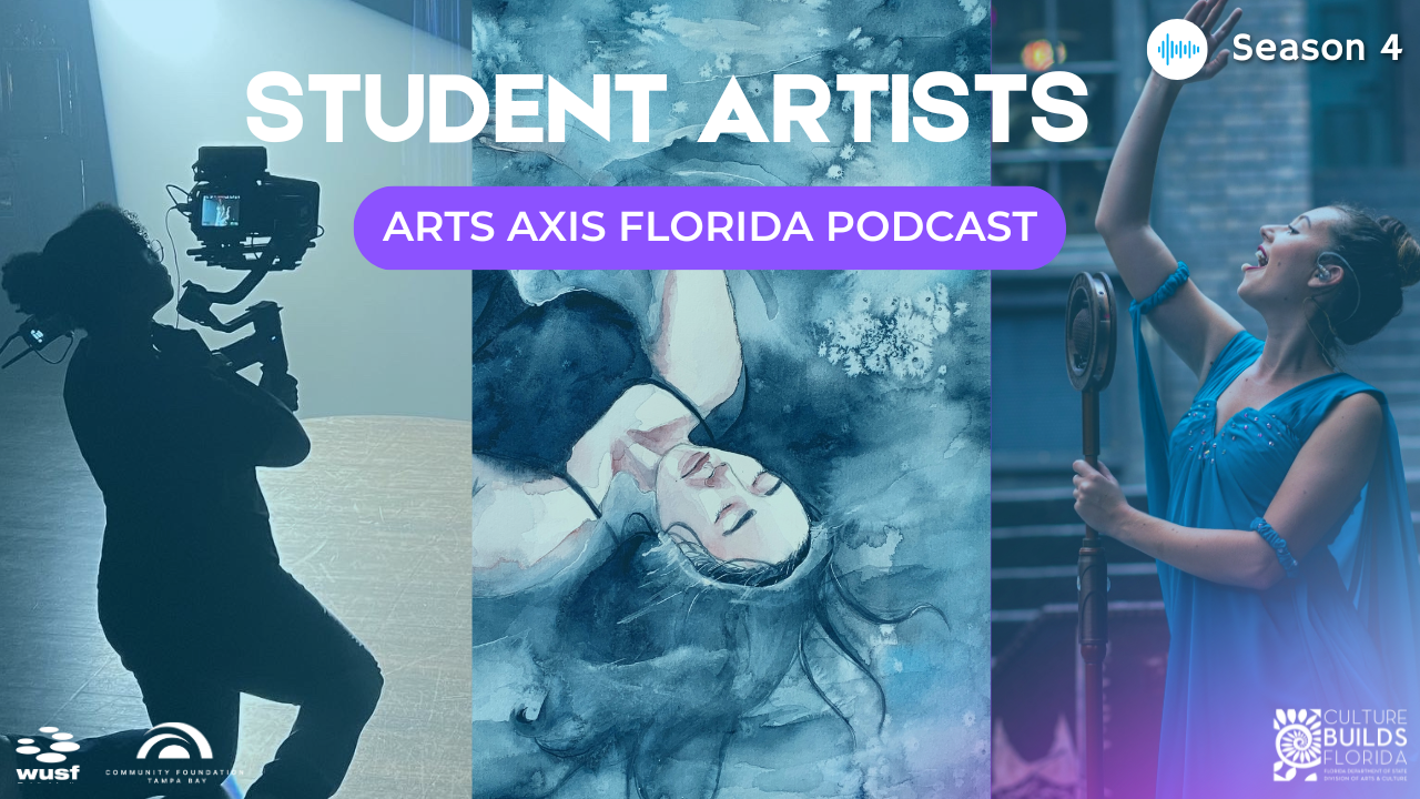 Podcast promo: Student artists featured. A film student, painter, and dancer in a blue dress. Season 4.