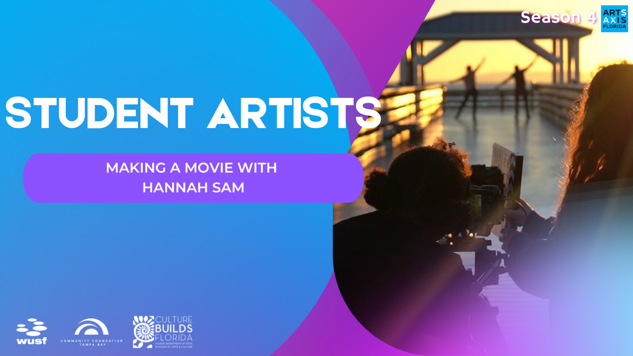 Student artists filming a movie with Hannah Sam; silhouetted figures on a pier at sunset.