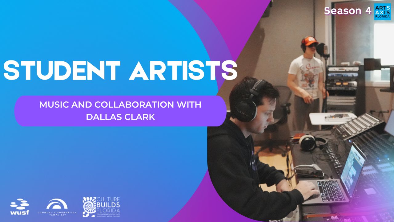 Student musicians in a studio; one at a computer, the other singing. Vibrant blue/purple design promoting the event.