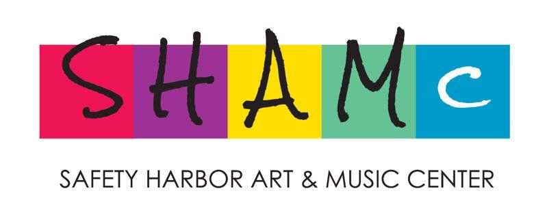 Logo for Safety Harbor Art & Music Center (SHAMC): colorful squares with letters, 