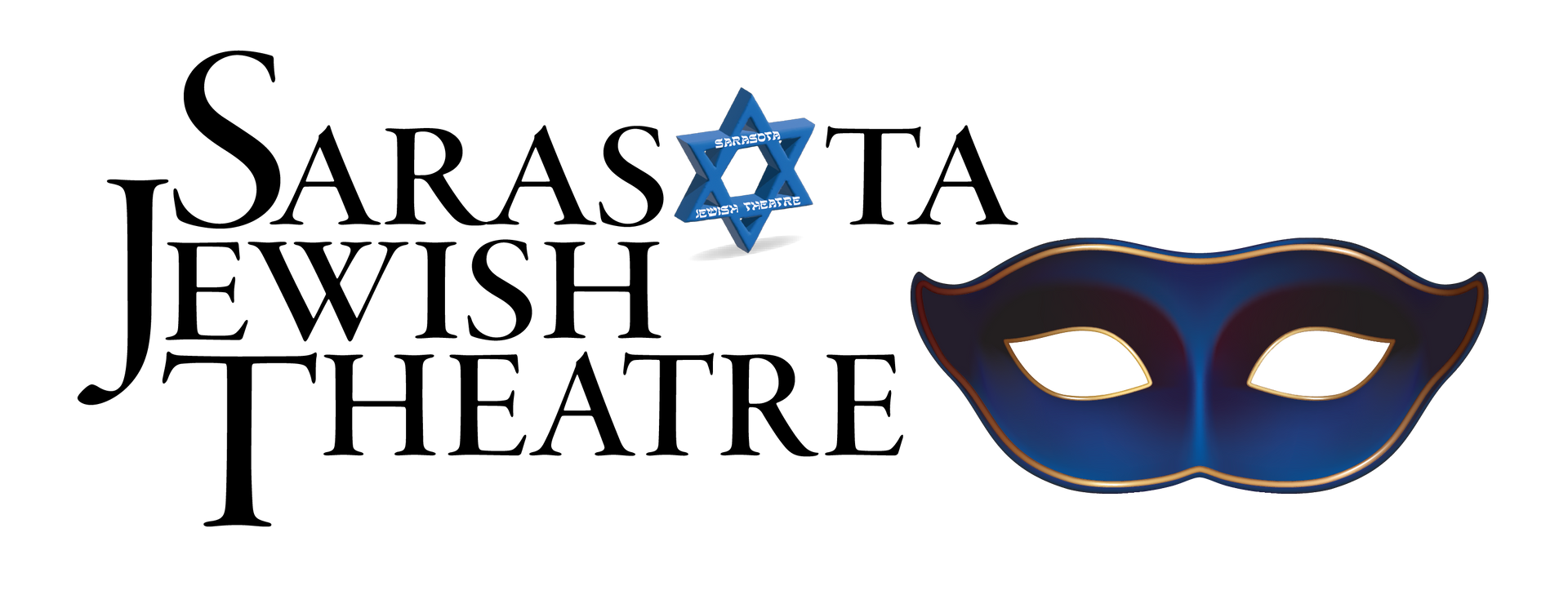 Sarasota Jewish Theatre logo with Star of David, blue mask, black text.