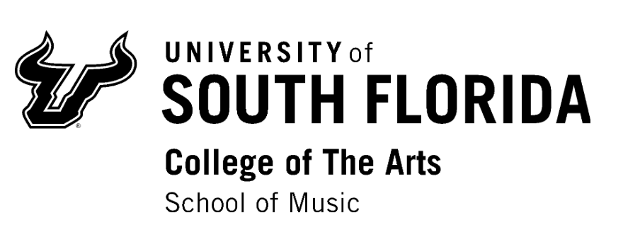 Logo for the University of South Florida College of The Arts School of Music, featuring a black and white bull emblem.