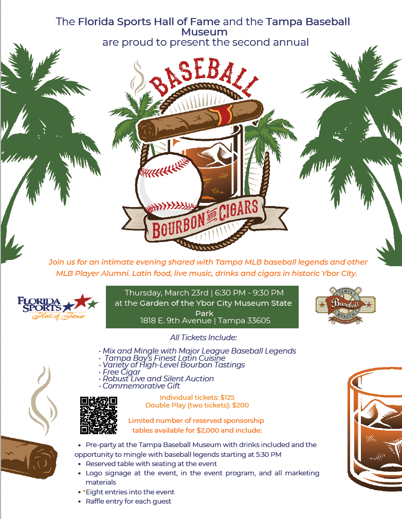 Baseball Bourbon & Cigars event poster. Features logos, date, location, and a cigar, baseball, and bourbon.