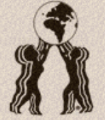 Three figures supporting a globe. Silhouettes in black and white.