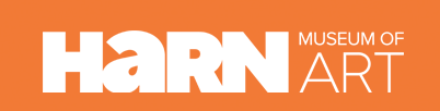 Harn Museum of Art logo with white text on an orange background.