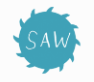 Blue circular logo with “SAW” inside, surrounded by jagged edges.