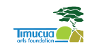Logo for Timucua Arts Foundation: Blue text with green tree, sun, and rock on a white background.
