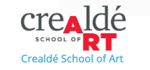 Logo for Crealde School of Art. Dark gray “Crealde” with red “ART” below.