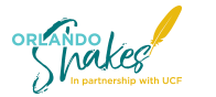 Logo for Orlando Shakes theater company, featuring teal text, a yellow feather, and the phrase