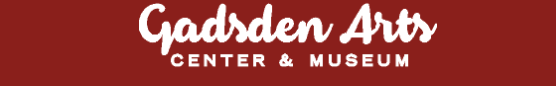Logo of Gadsden Arts Center & Museum on a dark red background. White script text.