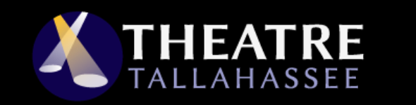 Theater Tallahassee logo with spotlights on a dark blue circle;