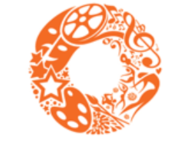 Orange circle composed of various art icons: film reel, music notes, stars, paint palette, dancer.