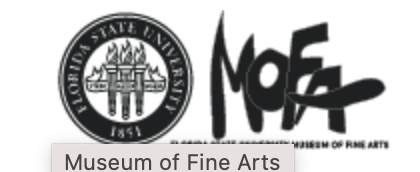 Florida State University Museum of Fine Arts logo. Black and white, with FSU seal and stylized