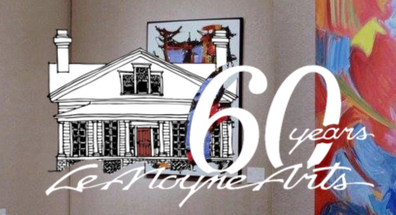 60 years LeMoyne Arts logo: White house sketch, colorful painting detail, large
