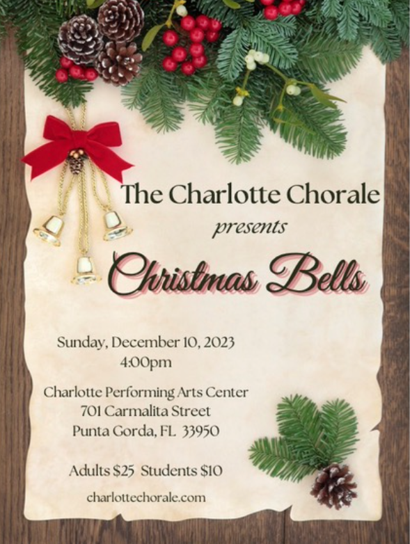 Poster for Charlotte Chorale's Christmas Bells concert. Sunday, December 10, 2023 at 4:00 pm.