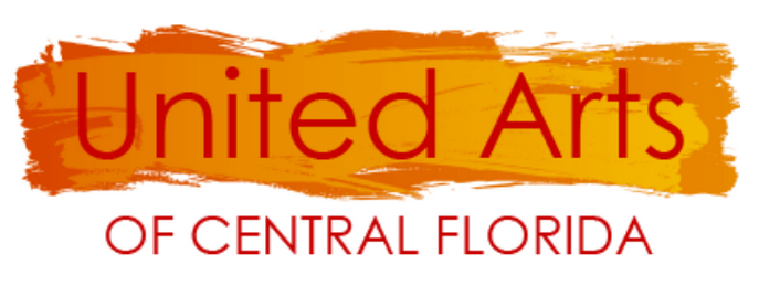 Logo for United Arts of Central Florida with text in red on an orange and yellow brushstroke background.