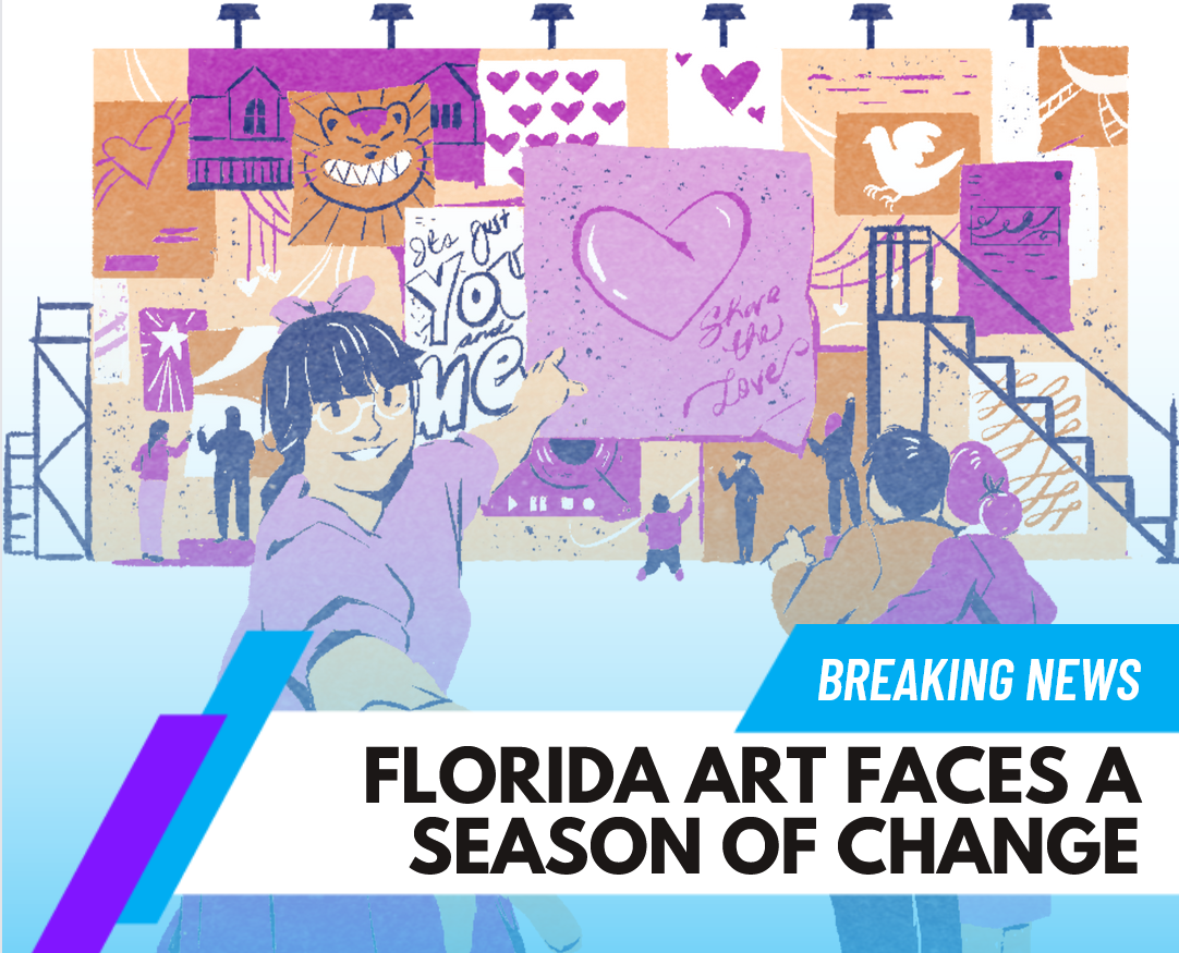 A girl points at art displayed on a billboard; breaking news headline: Florida art faces change.