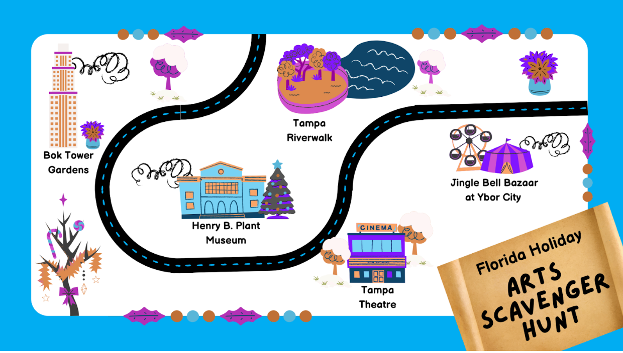 Map of Tampa, Florida with scavenger hunt prompts. Includes landmarks like Henry B. Plant Museum.