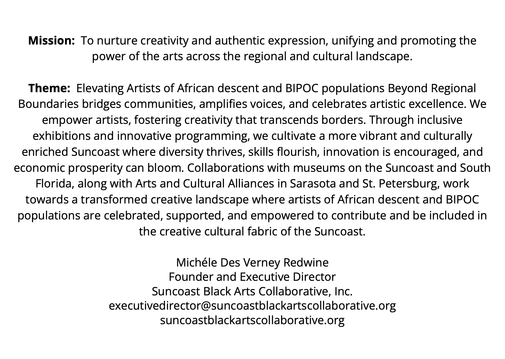 Text describing the mission and theme of the Suncoast Black Arts Collaborative, Inc. promoting artistic expression by artists of African descent and BIPOC populations.