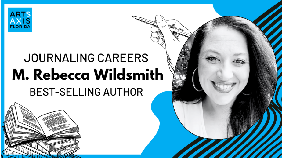Promotional graphic: Author M. Rebecca Wildsmith. Text: Journaling Careers, Best-Selling Author. Blue and white, sketch of pen.