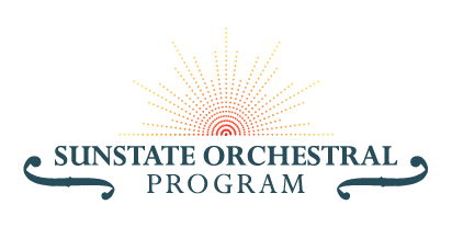 Sunstate Orchestral Program logo: sunburst with text underneath and flourishes.